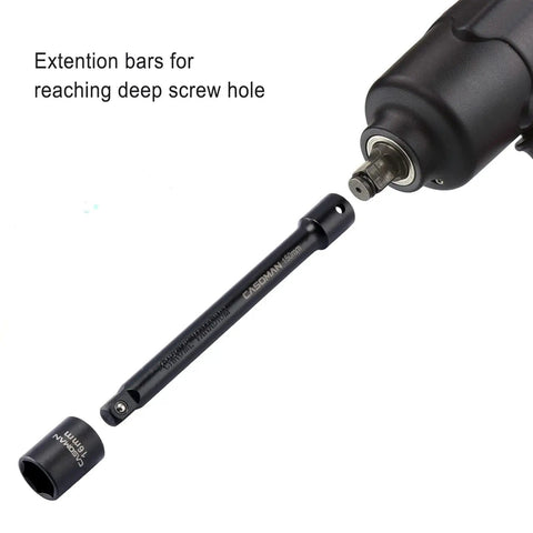 Extension bar from 18 Piece Drive Tool Accessory Set With Premium CRV Steel And Black Phosphate Finish connected to power tool