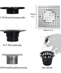 Low Profile 4-1/4 Inch Square Shower Drain Kit with 304 Stainless Steel Base, showing FIP collar, ABS pipe, and hair catcher.