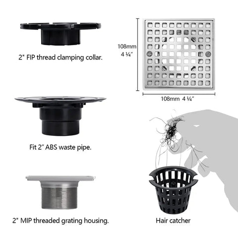 Low Profile 4-1/4 Inch Square Shower Drain Kit with 304 Stainless Steel Base, showing FIP collar, ABS pipe, and hair catcher.
