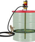 Top Shelf 50 To 1 High Pressure Pneumatic Grease Pump With 16 Foot Hose and Heavy Duty Grease Gun Kit For 55 Gallon Drums visible mounted on drum.