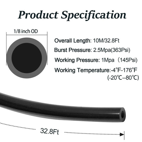 Super Flexible Black PU Air Hose One Eighth Inch OD For Air Compressor Fittings And Water Fluid Transfer, 32.8 Feet Long Diagram