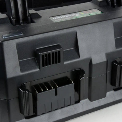 Close-up of 4 Port Pro Grade Battery Charger for 18V and 36V Lithium Ion Tools, featuring charging ports with rugged construction.