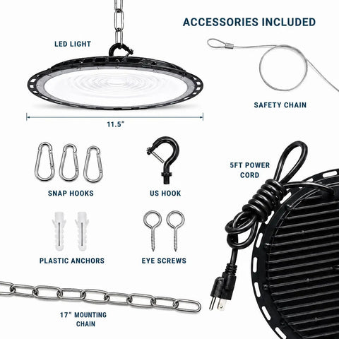 Hella Bright 150W UFO LED High Bay Light 10-Pack, 19500LM, 5000K Daylight, IP65 ETL Dimmable 0-10V with accessories and hooks