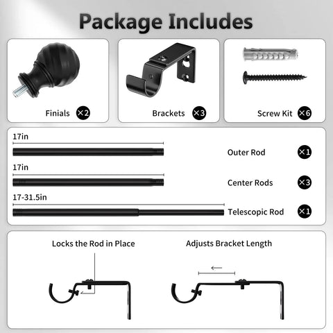 Package contents of Heavy Duty Curtain Rod For Sliding Glass Door Adjustable 34 To 93 Inches 1 Inch Diameter Matte Black Finials No Sag