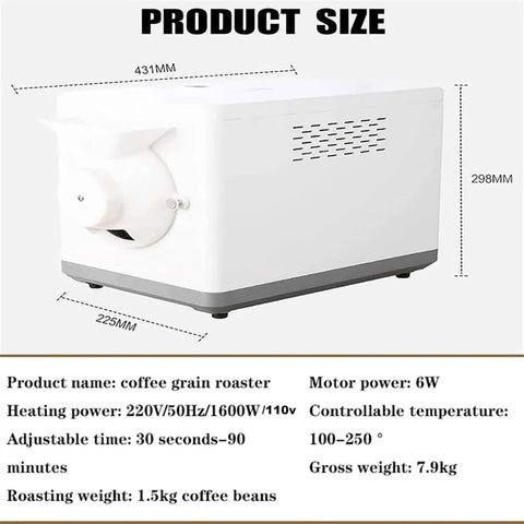 Top Shelf Home Coffee Bean And Peanut Roaster With Auto Rolling Drum showing dimensions and features for easy roasting.