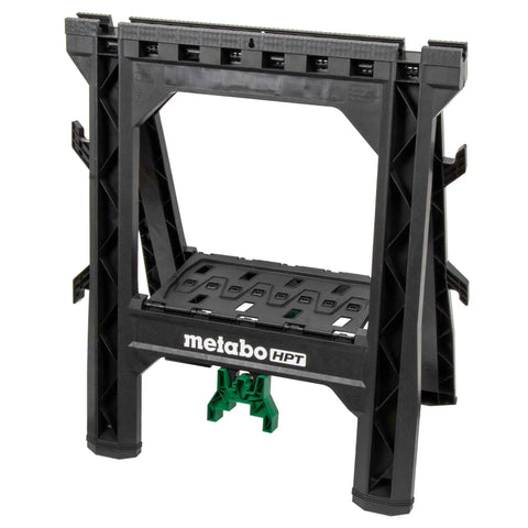 Lightweight Folding Sawhorses 2 Pack With 1200 Lb Capacity Non Skid Feet Built In Shelf And Cord Hooks Includes 4 Sawbucks Ideal For Extra Workstations On The Job Site, black plastic, folded view.