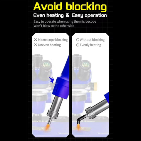 Illustration showing Diagonal Hot Air Gun Nozzle Kit Set With Five Sizes 5mm 6mm 8mm 10mm 12mm avoids blocking for smooth heating.