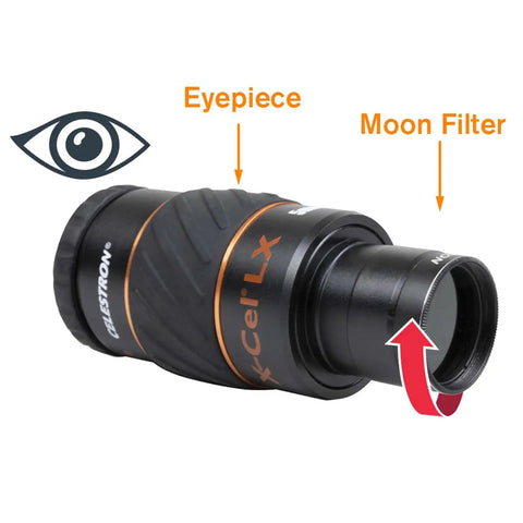Moon Filter For 1.25 Inch Eyepieces Bumps Up Clarity And Cuts Glare For Lunar Viewing attached to black eyepiece
