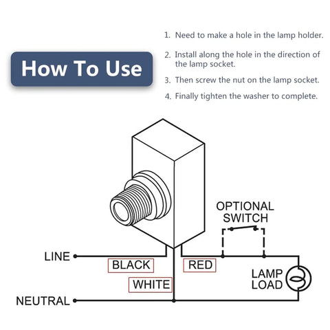 Installation diagram for 120V Dusk To Dawn Sensor Photoelectric Switch Automatic Black For Outdoor Lighting Photocell Smart Switch.