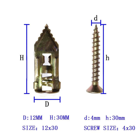 Self-Drilling Drywall Anchors Kit 12x30mm With Screws for Plasterboard Fixing, Premium Yellow Zinc-Plated Carbon Steel, Rust-Resistant No-Prep Install, Quick Mount for TVs, Shelves, Cabinets, and Wall Decor. Self-drilling drywall anchor and 4x30mm screw set