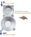 Flame King 160,000 BTU vertical-mounted 2-stage propane regulator for RVs; inlet 1/4-18NPT, outlet 3/8-18NPT
