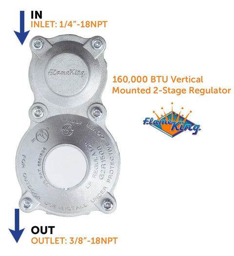 Flame King 160,000 BTU vertical-mounted 2-stage propane regulator for RVs; inlet 1/4-18NPT, outlet 3/8-18NPT