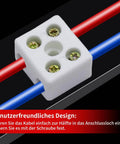 1-way ceramic terminal block, white porcelain connector with four screw terminals, red and blue wires