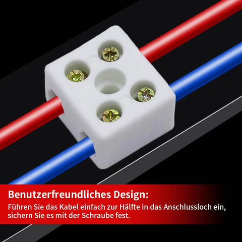 1-way ceramic terminal block, white porcelain connector with four screw terminals, red and blue wires