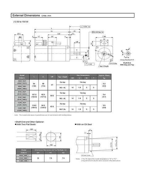 CHUNYE 400W SGMJV-04ADA6S servo motor technical drawing with side and end views