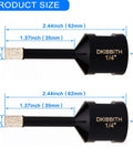 Product size specifications of 7 Pack Diamond Core Drill Bits For Porcelain Tile And Concrete with 5/8-11 hex shank adapter.