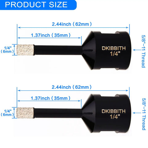 Product size specifications of 7 Pack Diamond Core Drill Bits For Porcelain Tile And Concrete with 5/8-11 hex shank adapter.