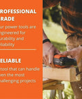 Person using a professional grade power tool on wood, highlighting durability and reliability, outdoors.