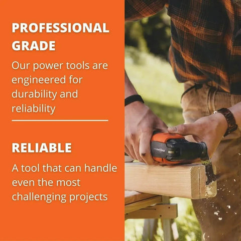Person using a professional grade power tool on wood, highlighting durability and reliability, outdoors.