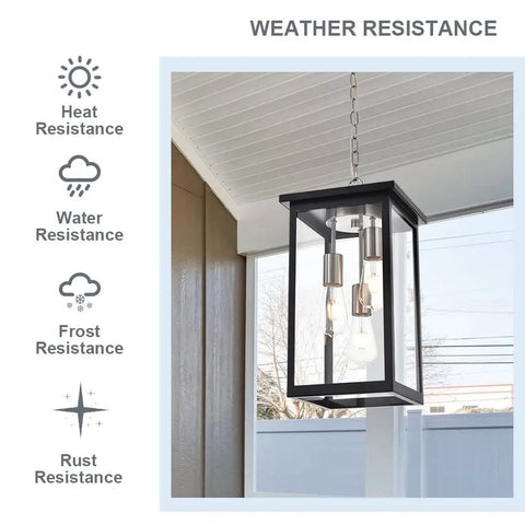 3 Light Outdoor Pendant Light Fixture In Black And Brushed Nickel Finish With Clear Glass Hanging on Patio Ceiling