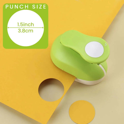 Green 1.5 Inch Circle Punch With Lever Handle for clean even circles in scrapbooking and DIY projects on yellow paper