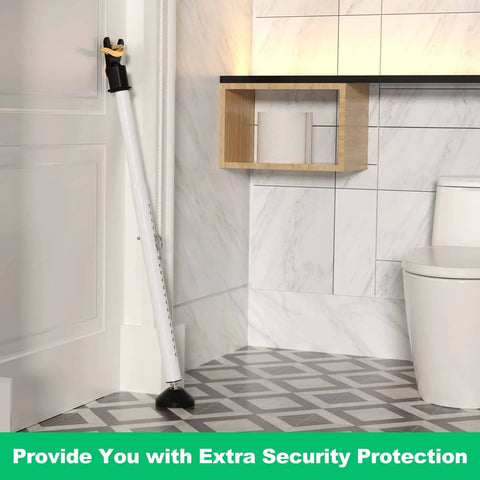 Adjustable Security Door Stop Bar With Interchangeable Caps And Rubber Tips installed in bathroom for added protection