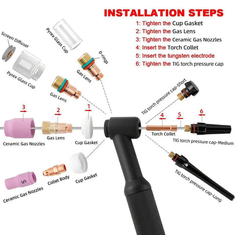 100 Piece TIG Welding Torch Kit With Glass Cup And Stubby Gas Lens assembly diagram for WP 17 18 26 Torches