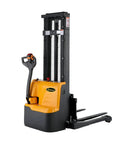 Super Lightweight Full Electric Pallet Forklift Stacker With 2640 Lbs Load Capacity And 118 Inch Max Height side view with straddle legs.