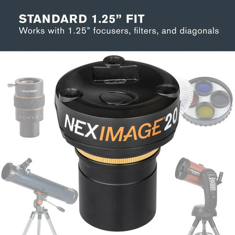 Dope 20 MP Solar System Camera With AR2020 Back Illuminated Sensor showing 1.25-inch fit for telescopes and filters.