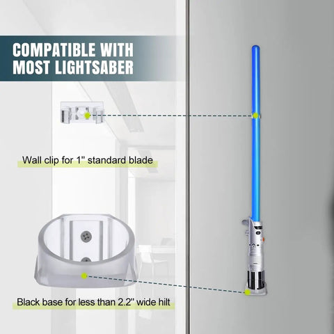 Totally Clear Lightsaber Wall Mount Set Dual Pack Holder Rack For Galaxy Edge Sabers Darth Vader Darth Revan And Most Lightsabers Premium ABS 3D Printed Display Stand That Lets Your Saber Shine compatible demonstration with blue saber and black base highlights.
