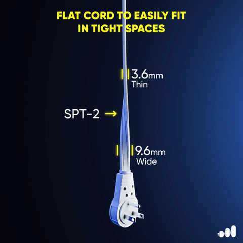 1 Ft 360 Degree Rotating Flat Plug Extension Cord With 3 Outlets 16 AWG Grounded Wire showing thickness and SPT-2 rating
