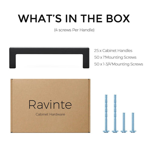25 Pack Solid 4 Inch Center To Center Slim Square Bar Drawer Handles in Matte Black Cabinet Hardware for Kitchen Cabinets and Drawers Modern Dope Flat Pulls, box contents with screws.