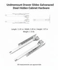 Diagram of Hidden Undermount Drawer Slides for Kitchen and Bedroom, concealed steel rails, smooth glide, dimensional details
