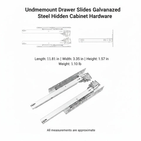 Diagram of Hidden Undermount Drawer Slides for Kitchen and Bedroom, concealed steel rails, smooth glide, dimensional details