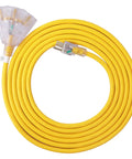 Coiled Lighted 50 Ft Outdoor Extension Cord With 3 Outlets Heavy Duty 14 Gauge SJTW Bright Yellow Cable