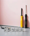 Get This Sweet Healifty 20pc Diamond Hole Saw Kit To Cut Ceramic Tile, Granite And Marble Like A Boss With Precision And Heat Dispersing Drill Bits That Handle Metal Too For Your Next Home Makeover Project Without Breaks diamond hole saws and drill bits on pink background