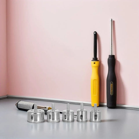 Get This Sweet Healifty 20pc Diamond Hole Saw Kit To Cut Ceramic Tile, Granite And Marble Like A Boss With Precision And Heat Dispersing Drill Bits That Handle Metal Too For Your Next Home Makeover Project Without Breaks diamond hole saws and drill bits on pink background