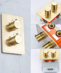 Built Different Wall Mounted Concealed Thermostatic Shower System With Buttery Smooth Brushed Gold Rainfall Spray And Seamless Dual Control Brass Hand Set For Low Maintenance Bath Refresh. Gold dual control valve with knobs.