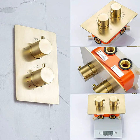 Built Different Wall Mounted Concealed Thermostatic Shower System With Buttery Smooth Brushed Gold Rainfall Spray And Seamless Dual Control Brass Hand Set For Low Maintenance Bath Refresh. Gold dual control valve with knobs.