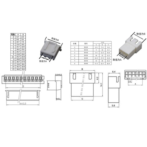 Technical diagram of XH 2.54mm 4 Pin Male and Female Connector Kit with 10cm 22 AWG Soft Silicone Wires dimensions and specifications