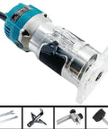 Palm Router Electric Hand Trimmer for Woodworking, 110V 800W, aluminum base with transparent guide, shown with accessories.