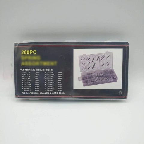 200 Pcs Compression And Extension Springs Set in clear storage box with size chart and spring photo on packaging