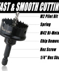 Vearter M42 bi-metal hole saw with arbor, black, close-up view showing 1/4 in hex shank