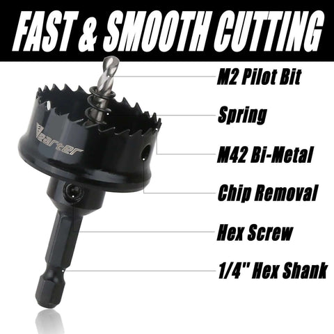 Vearter M42 bi-metal hole saw with arbor, black, close-up view showing 1/4 in hex shank