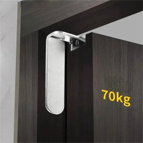 2 Piece Set Adjustable Swivel Zinc Alloy Hidden Door Hinges For Concealed Install in silver on a wooden door frame