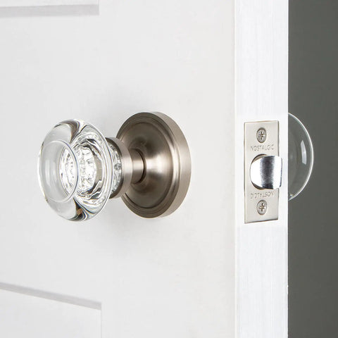 Classic Rosette Round Clear Crystal Door Knob for Vintage Restorations Lead Free Crystal Durable Interior Door Hardware with Retro Charm and Old School Vibe Easy to Install Perfect for Antique Homes and Period Style Doors installed on white door showing side view
