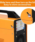 Close-up of Compact 110V MIG 130 Flux Core Welder lid mechanism with instructions, orange finish for home DIY projects.