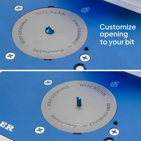 Premium Abs Plastic Router Table Insert Ring Set With Push Button Quick Release For Zero Clearance fits Snap Lock Plates installed, showing customizable opening