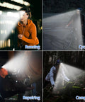 Rechargeable 2 Pack Headlamp With 230 Degree Wide Beam shown in use for running, cycling, repairing, and camping at night.