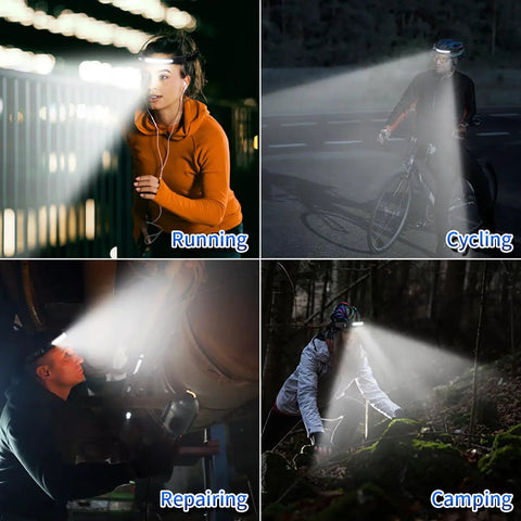 Rechargeable 2 Pack Headlamp With 230 Degree Wide Beam shown in use for running, cycling, repairing, and camping at night.